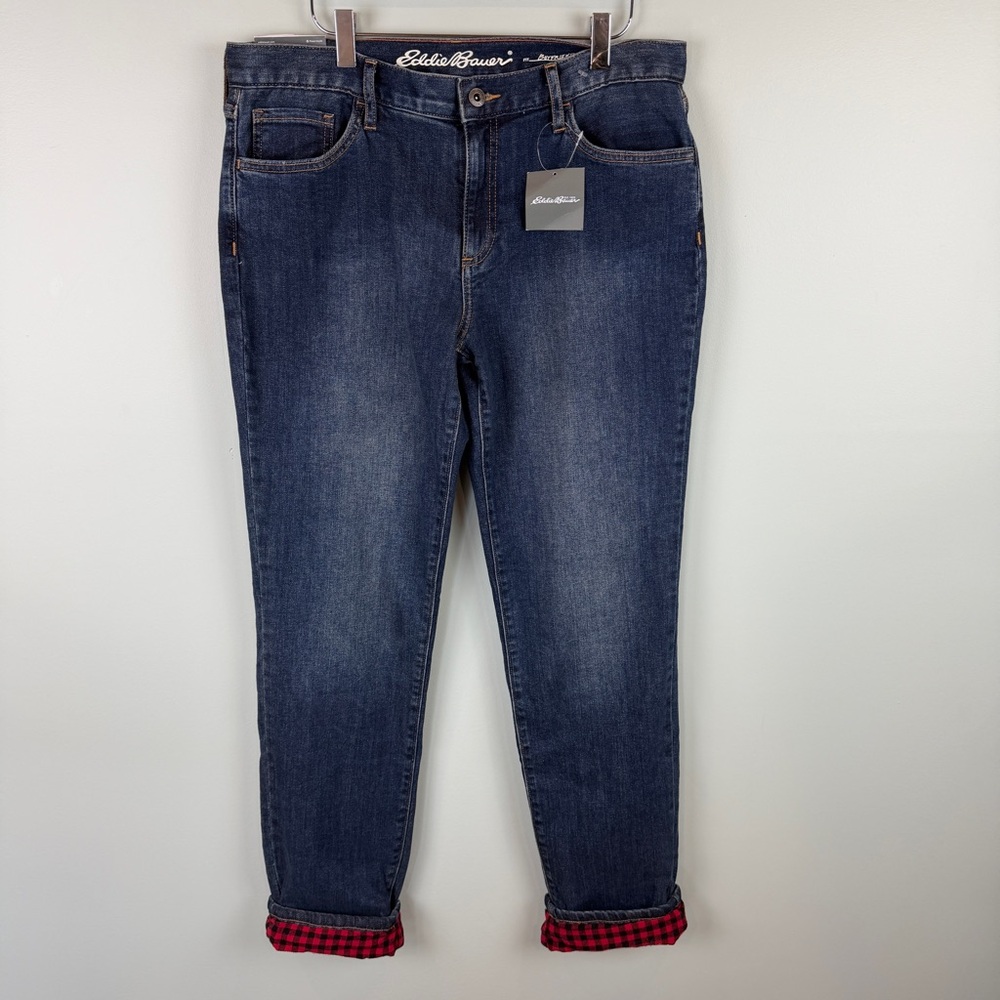 NWT Eddie Bauer Women’s Flannel lined Dark Blue Straight Boyfriend Jeans size 8
